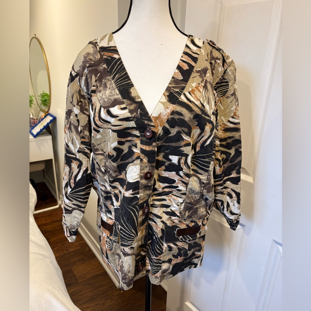Spanner Neutral Abstract Print Open Front Blazer Jacket 18W Plus Size